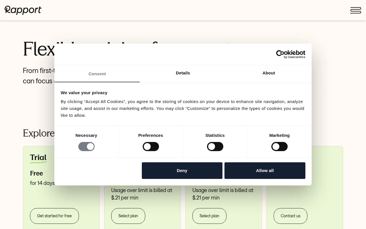 Rapport Self Service — pricing page