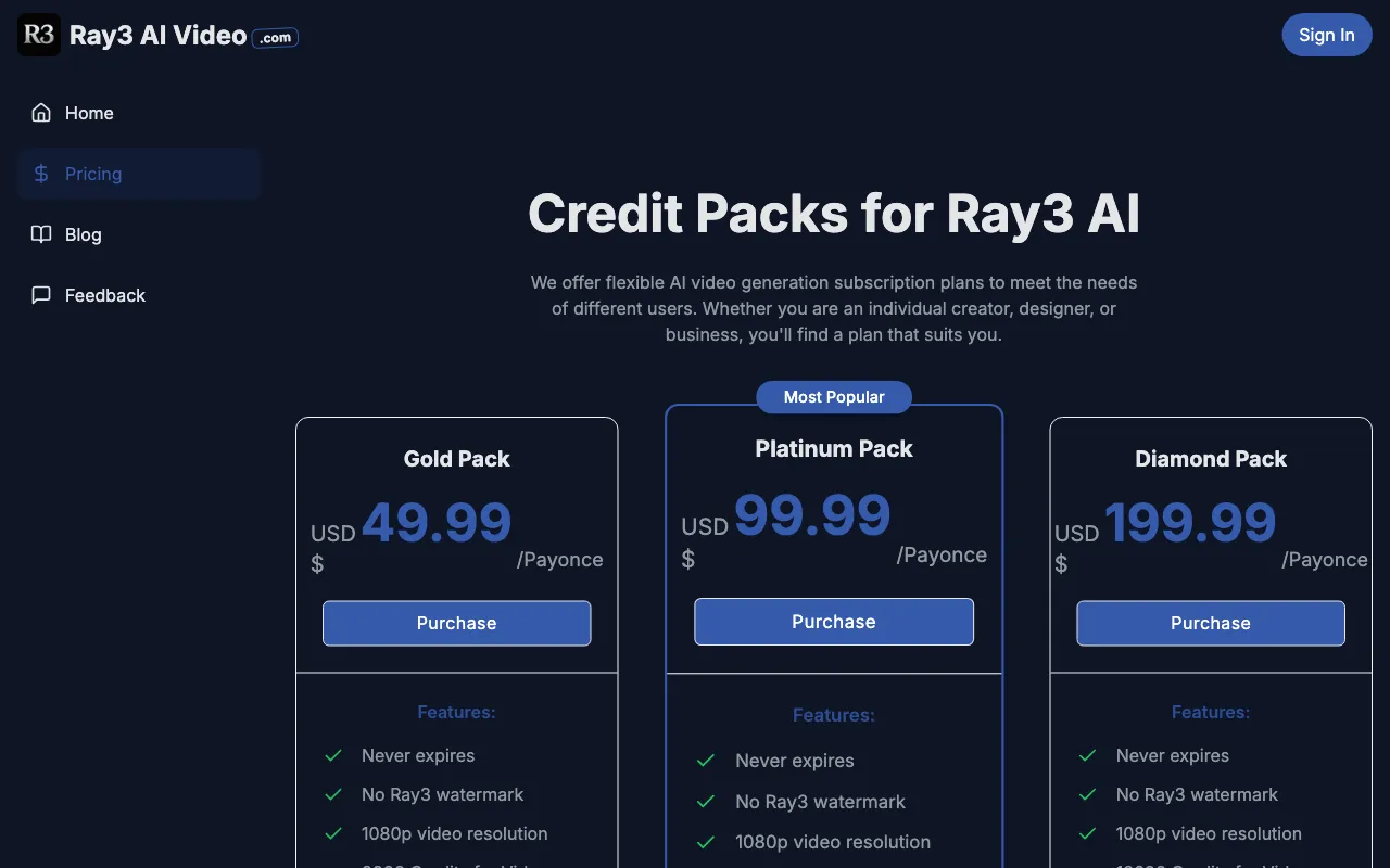 Ray3 AI — pricing page