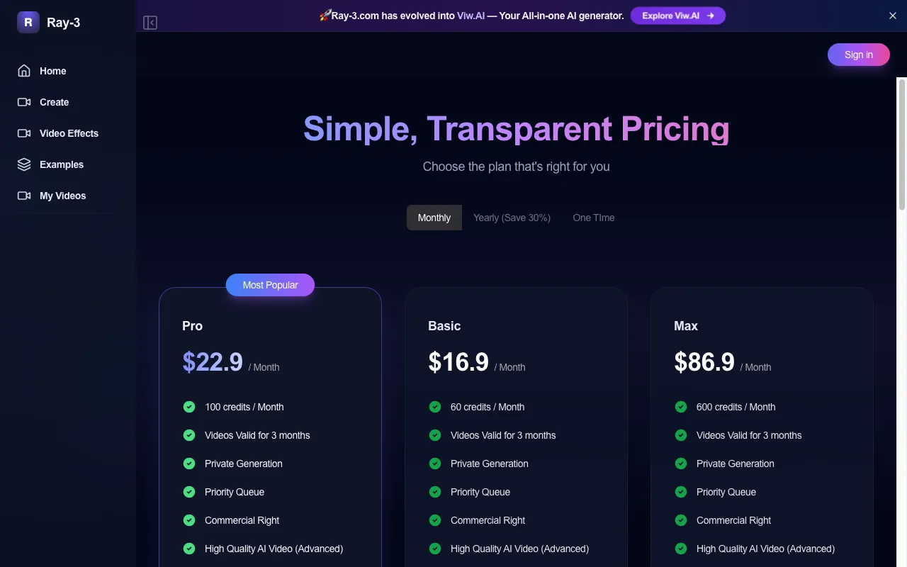 Ray 3 AI — pricing page