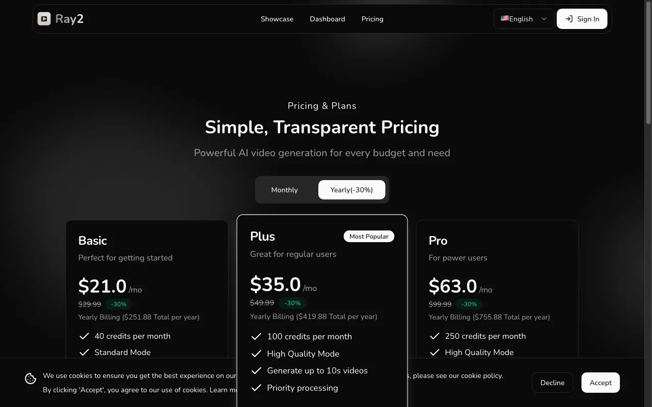 Ray2 — pricing page