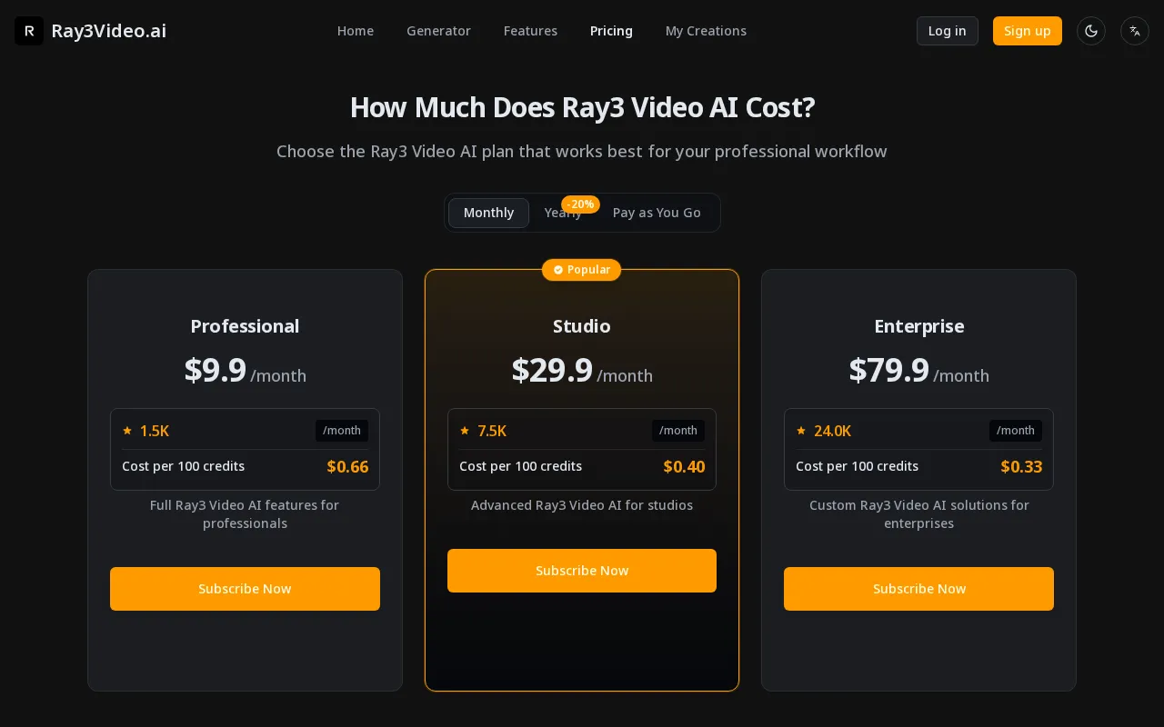 Ray3 Video AI — pricing page