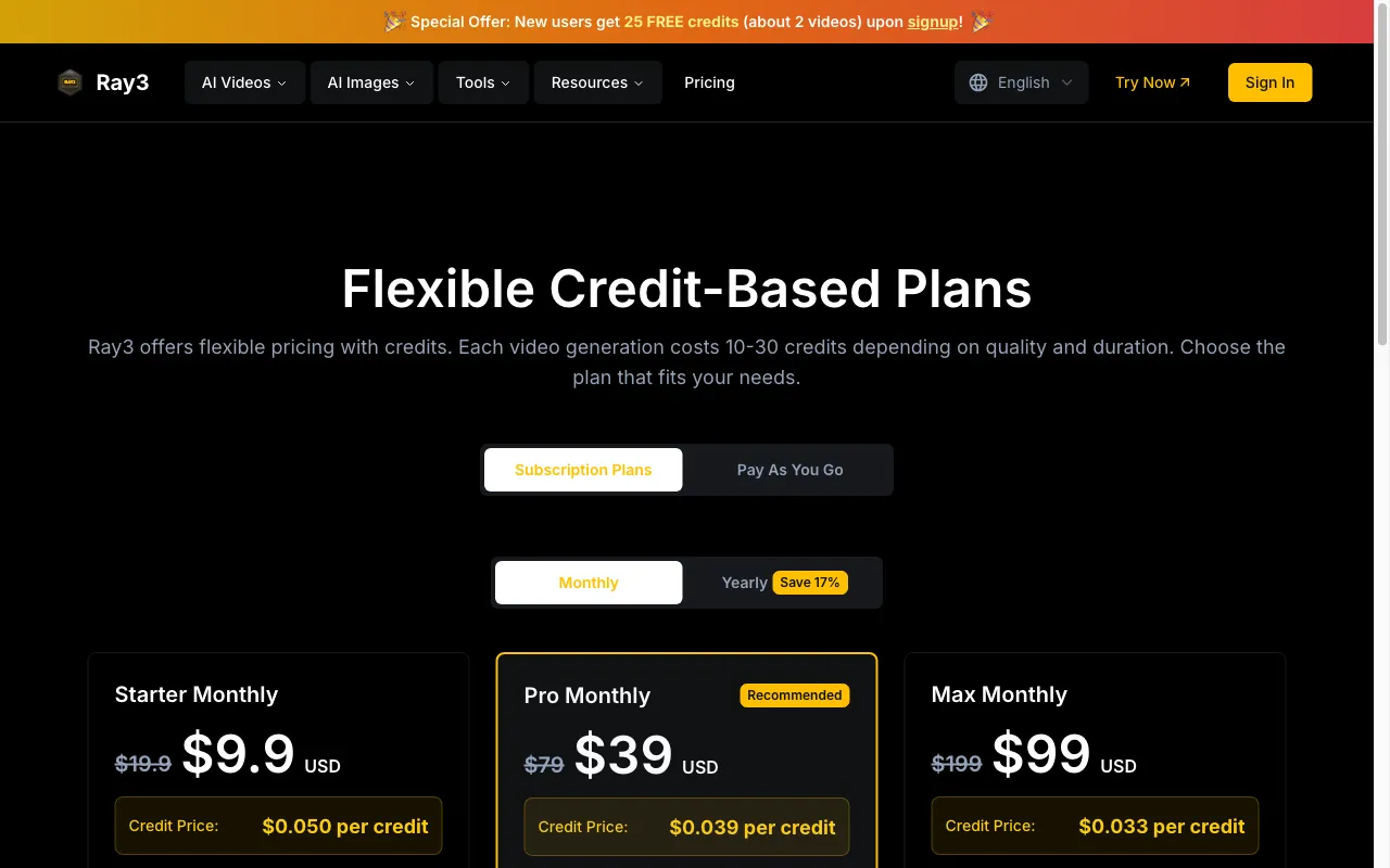 Ray3 — pricing page