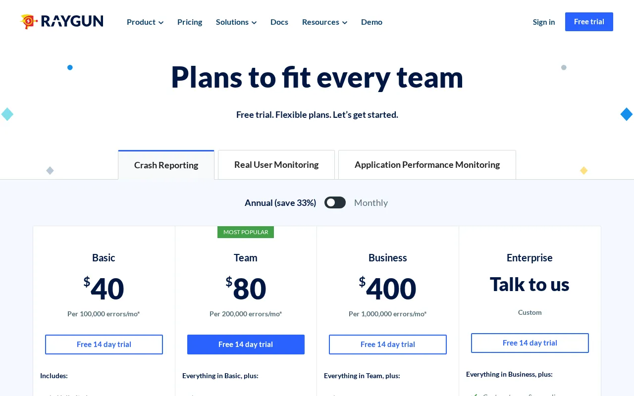 Raygun — pricing page