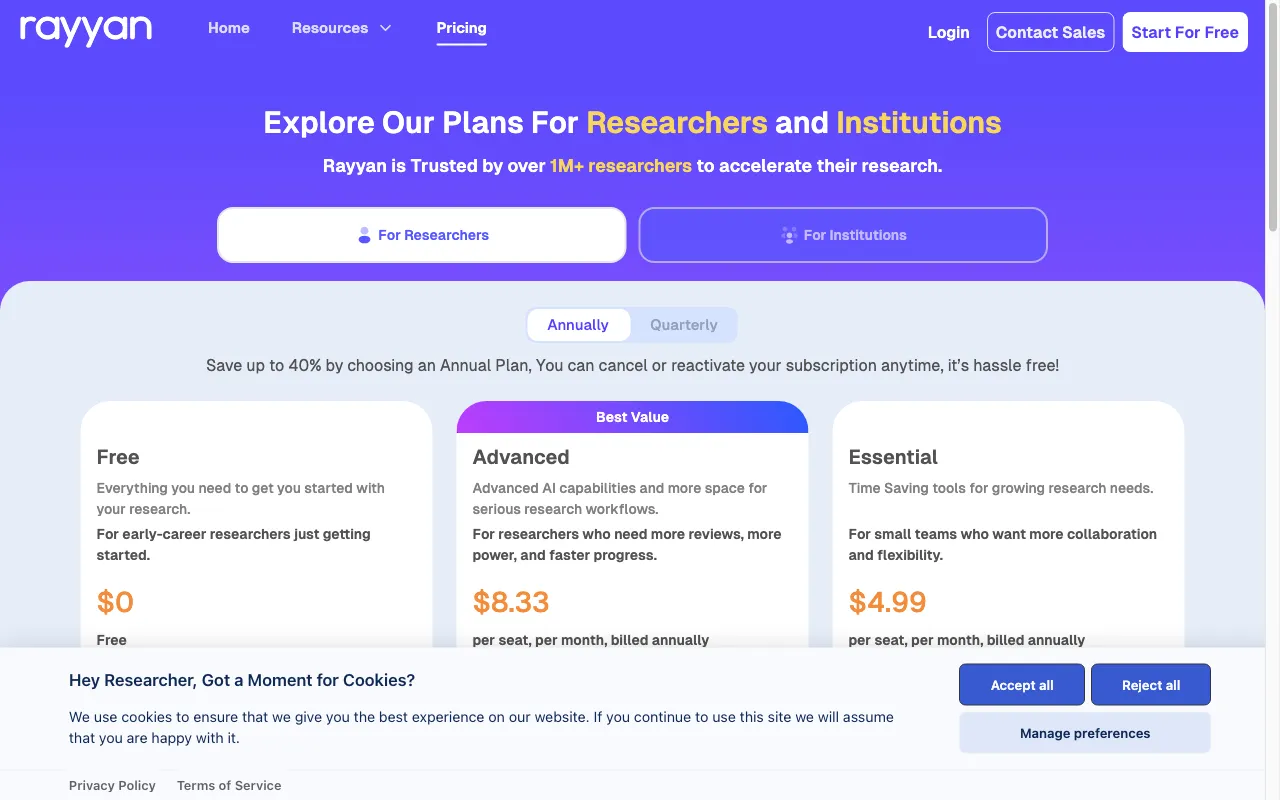 Rayyan — pricing page