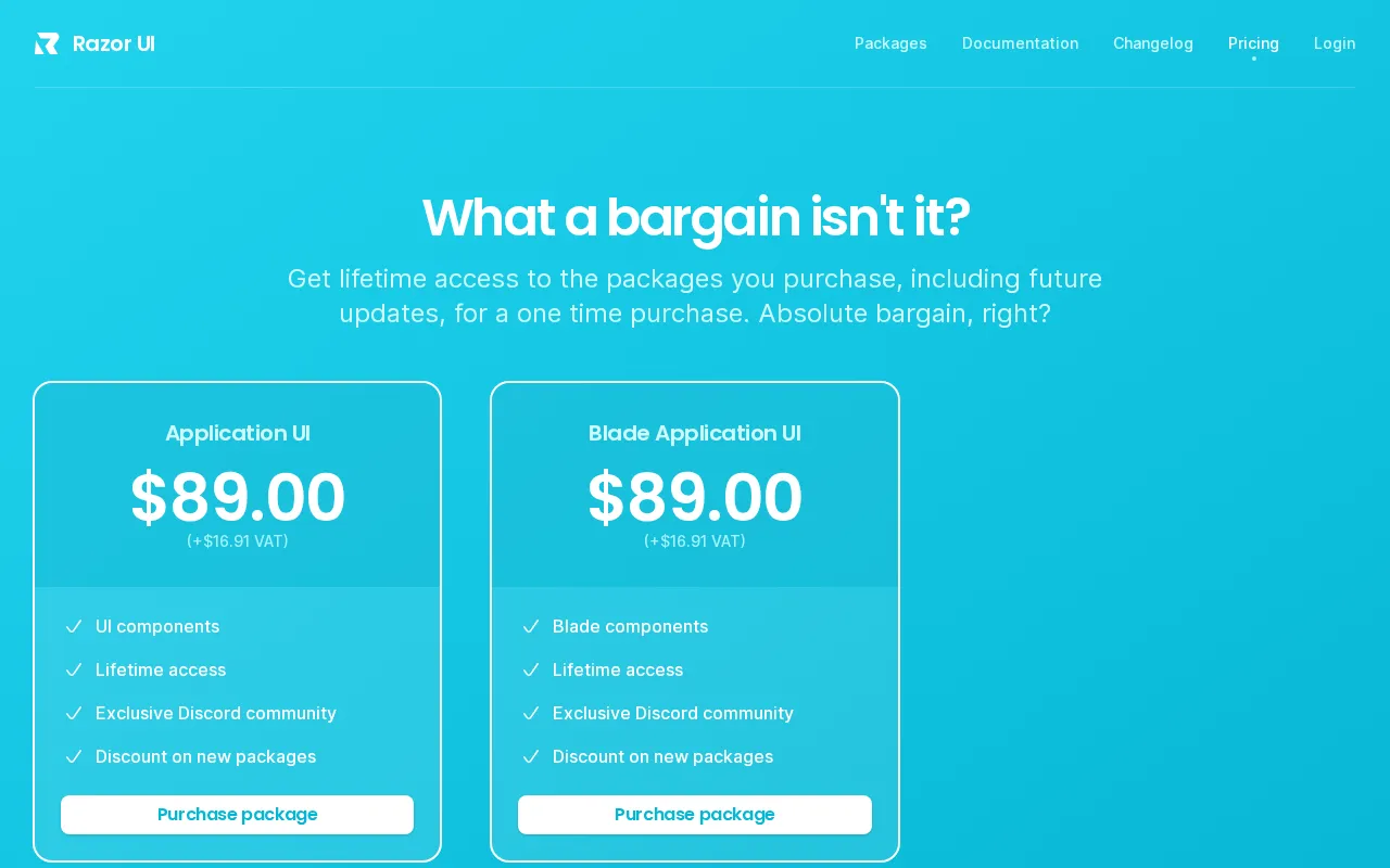 Razor UI — pricing page