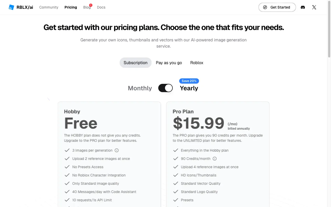 RBLX/ai — pricing page