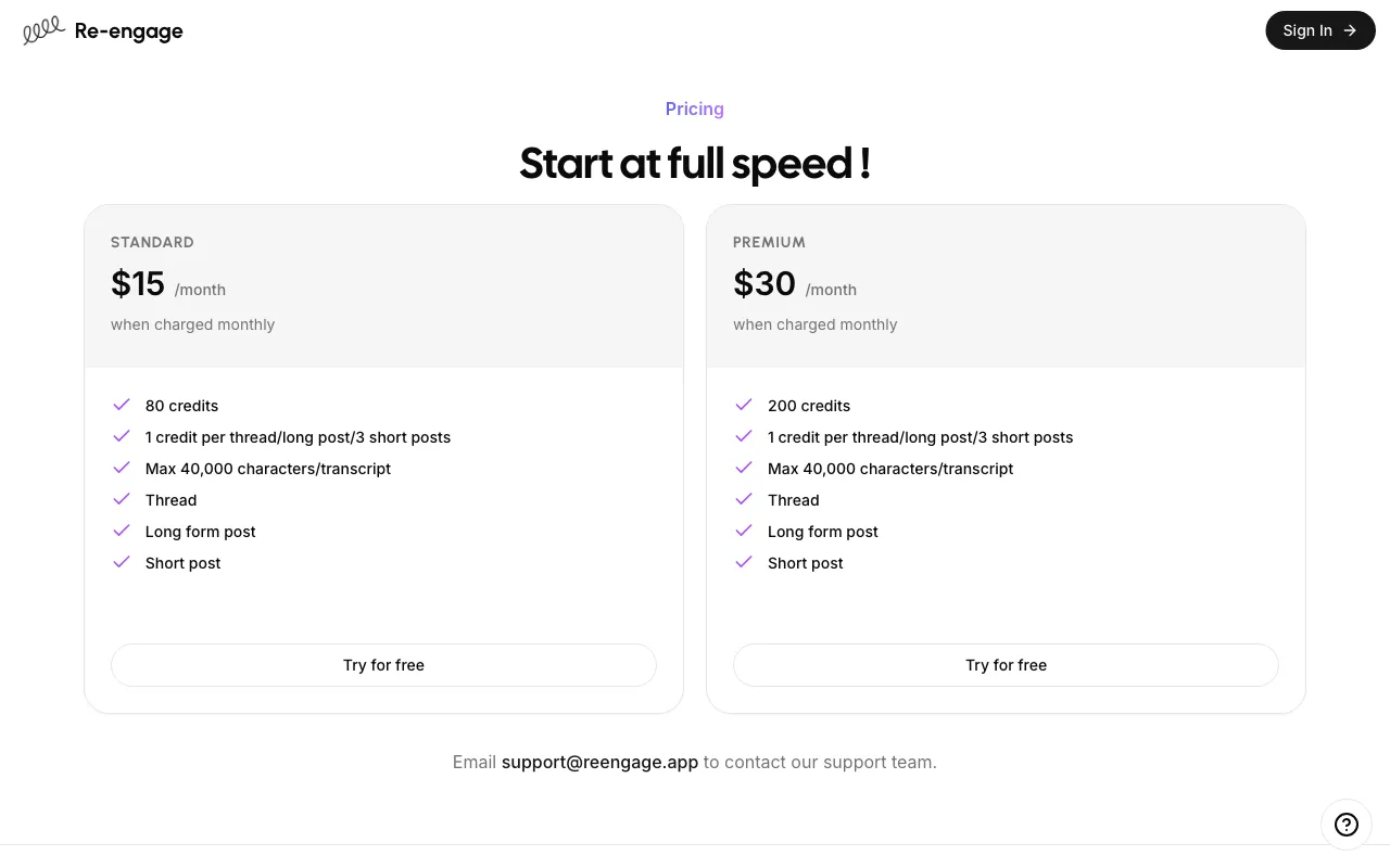 Re-engage — pricing page