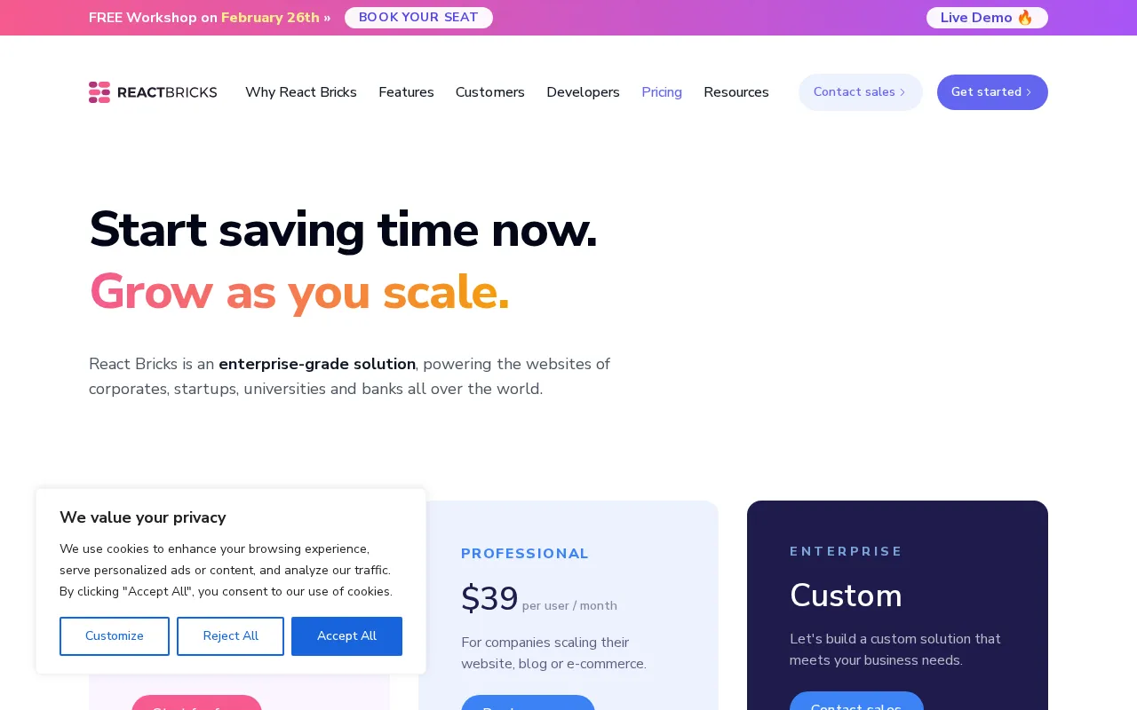React Bricks — pricing page