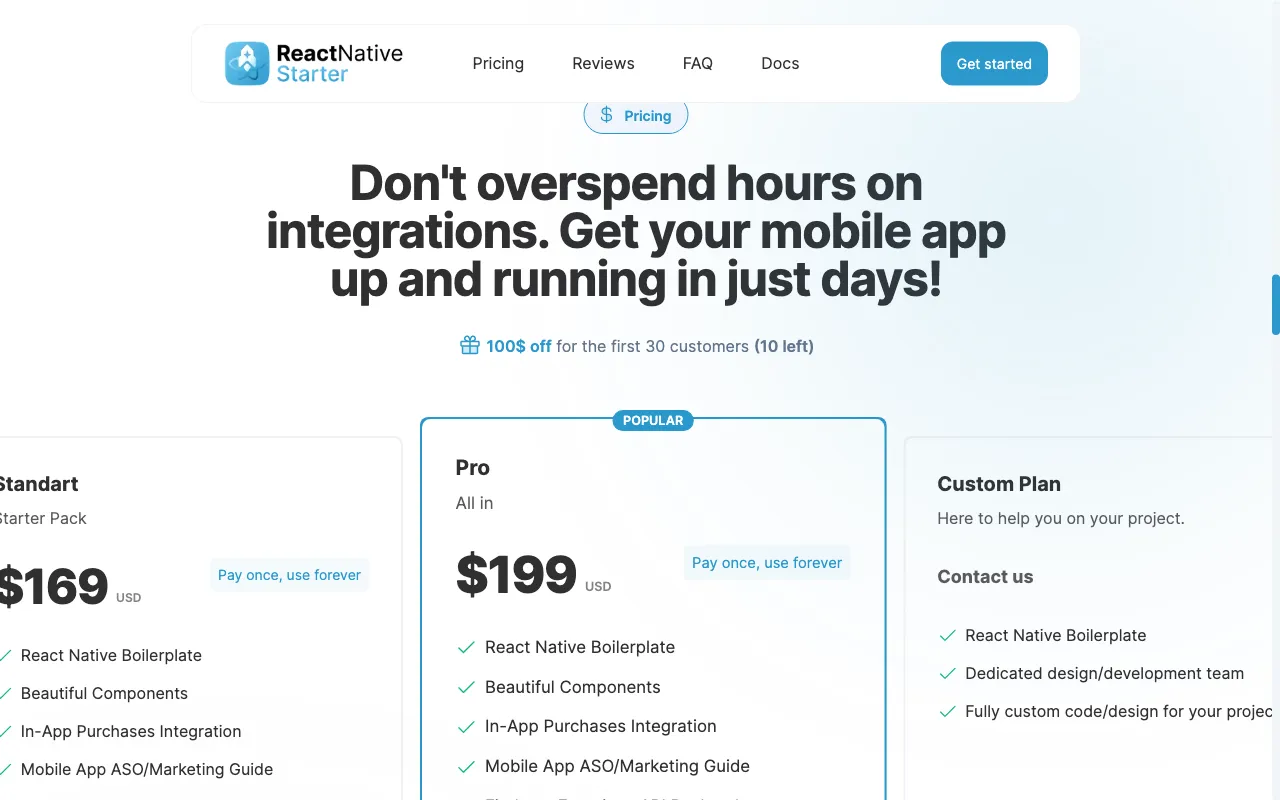 React Native Starter AI — pricing page