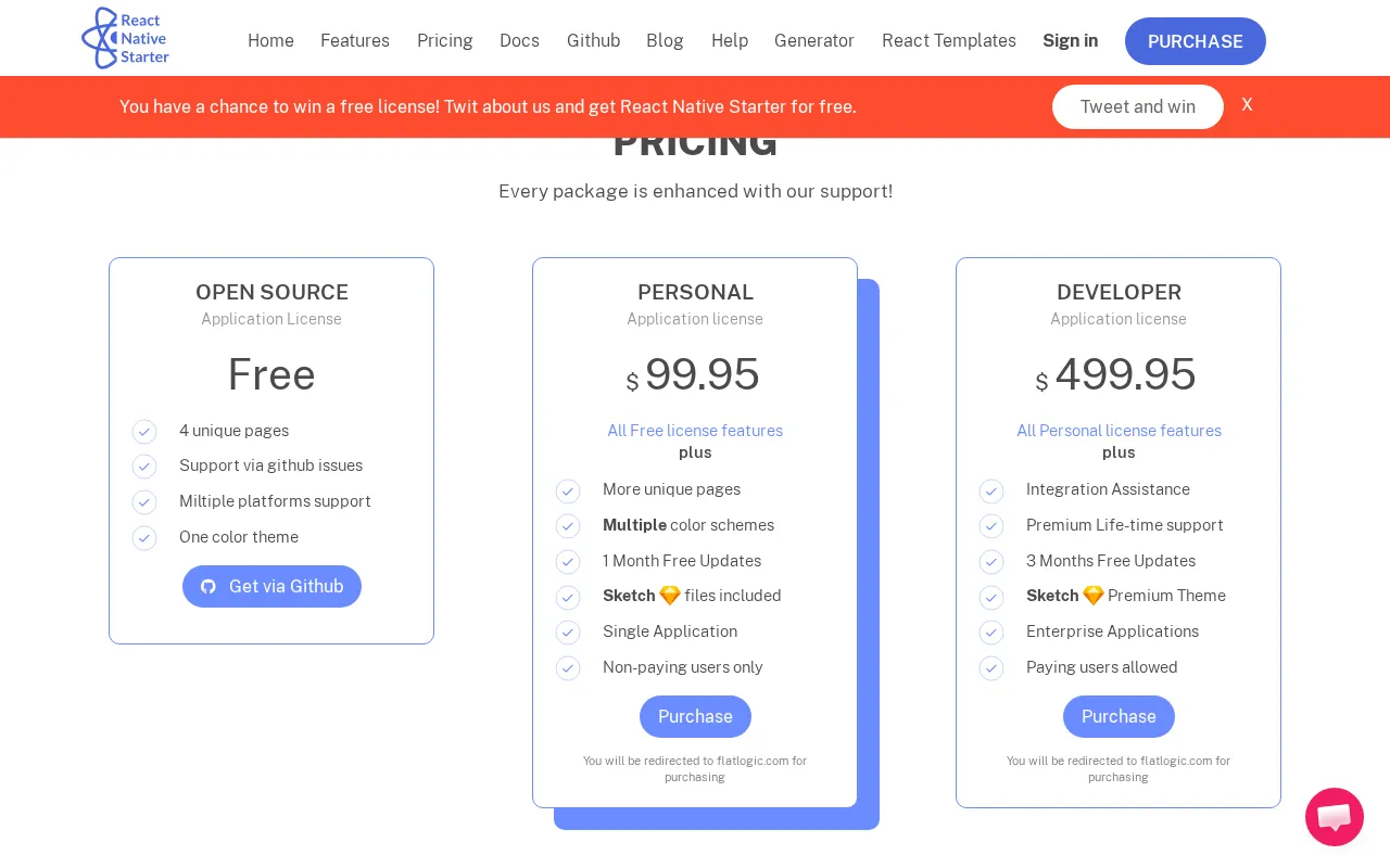 React Native Starter — pricing page