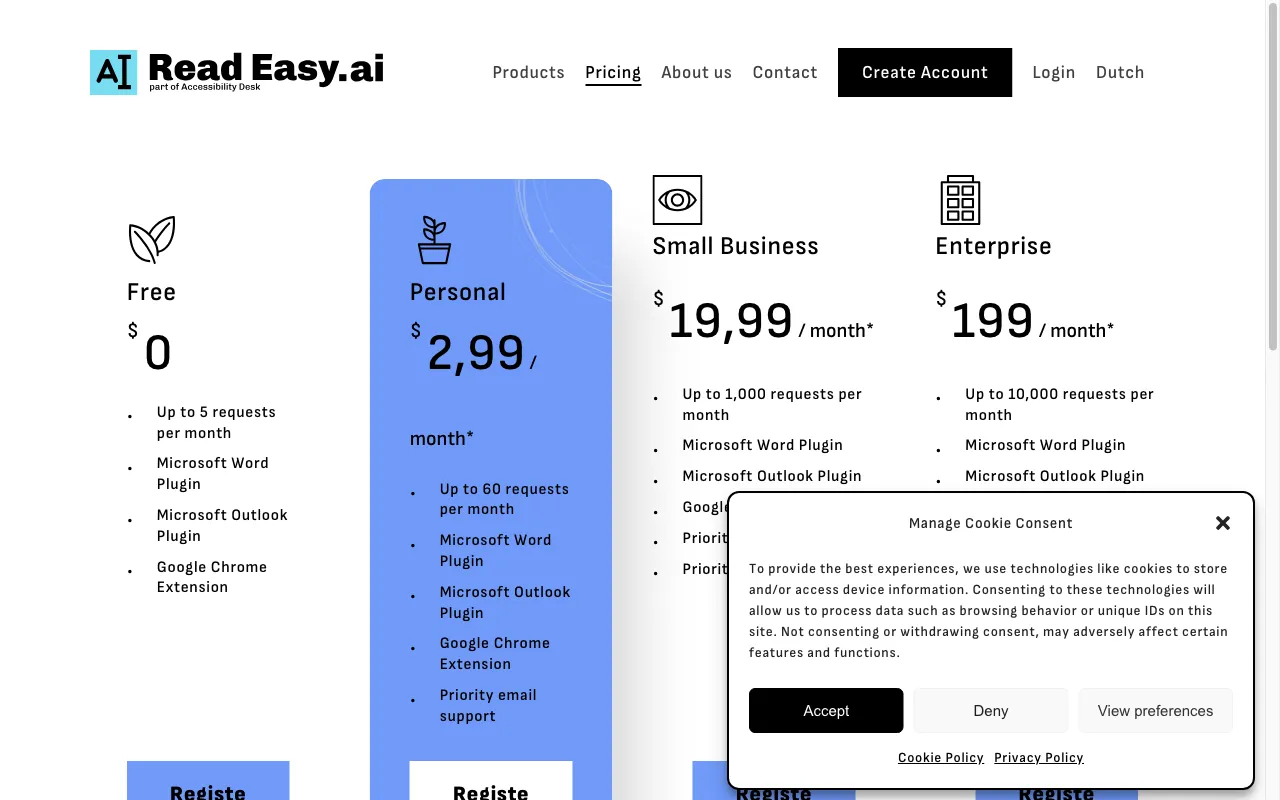 Read Easy.ai — pricing page