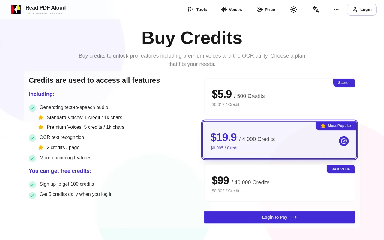 Read PDF Aloud — pricing page