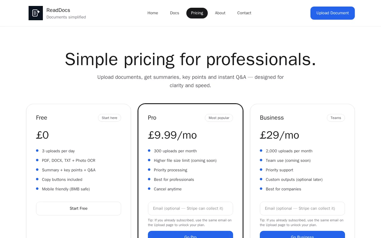 ReadDocs — pricing page