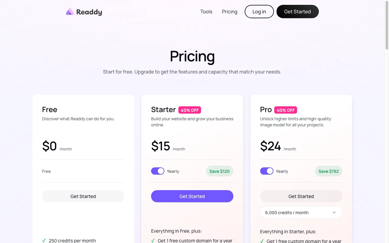 Readdy — pricing page