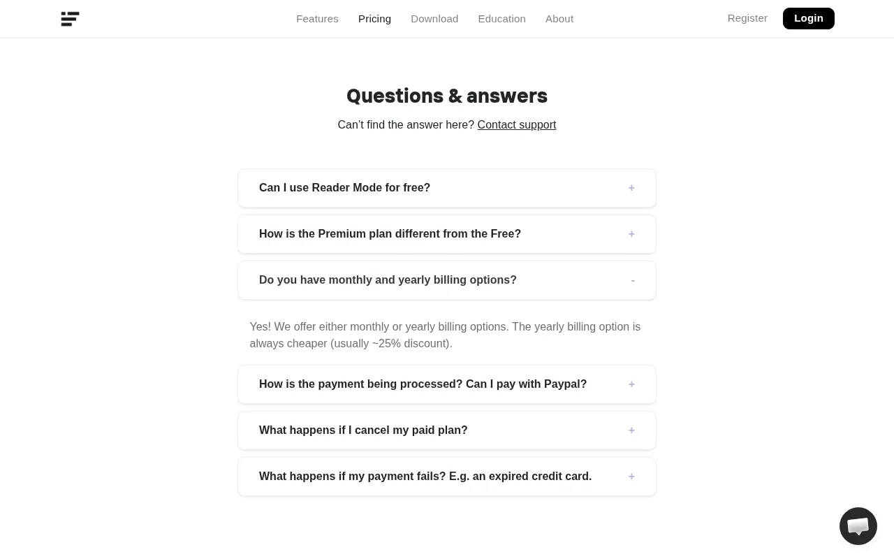 Reader Mode — pricing page