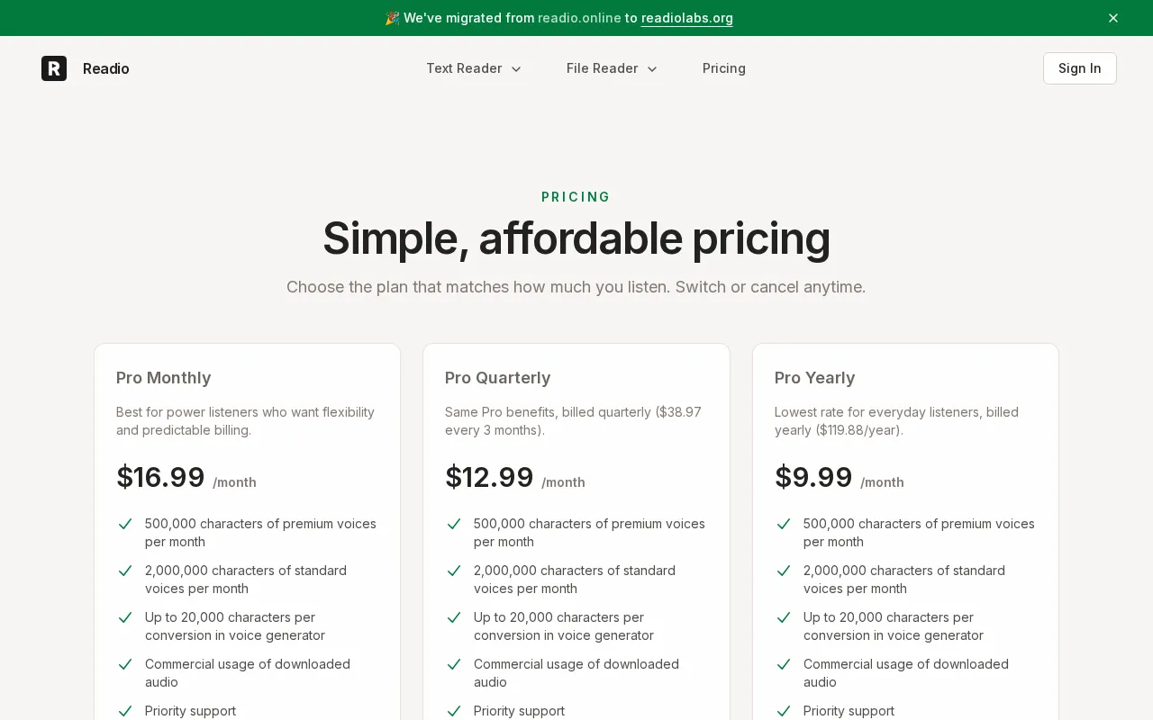 Readio — pricing page