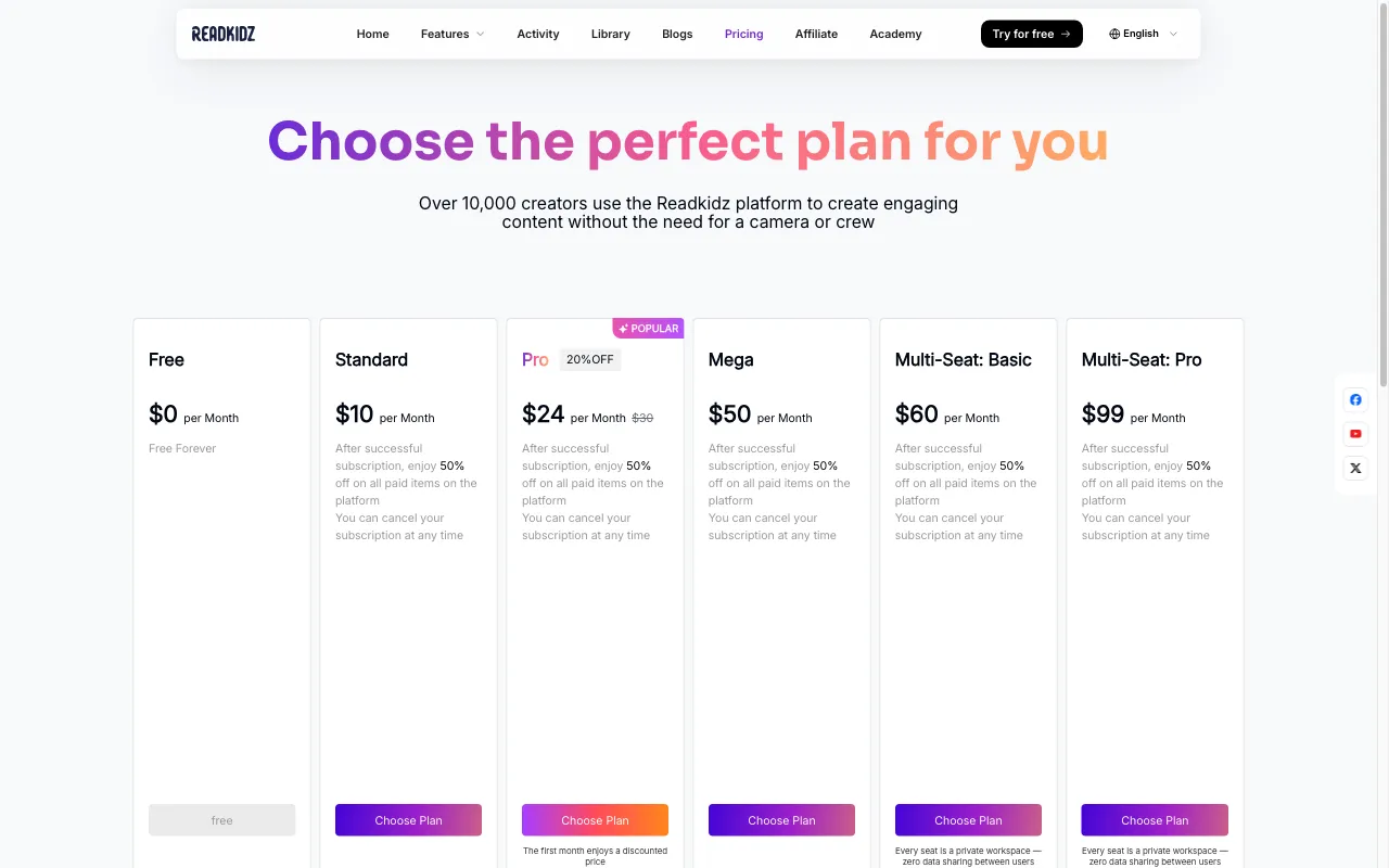 Readkidz — pricing page