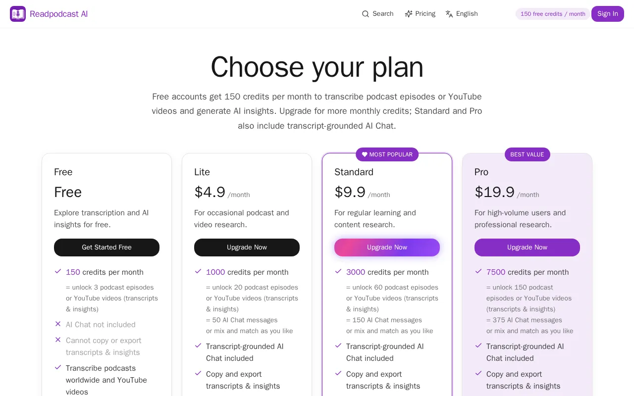 Readpodcast AI — pricing page