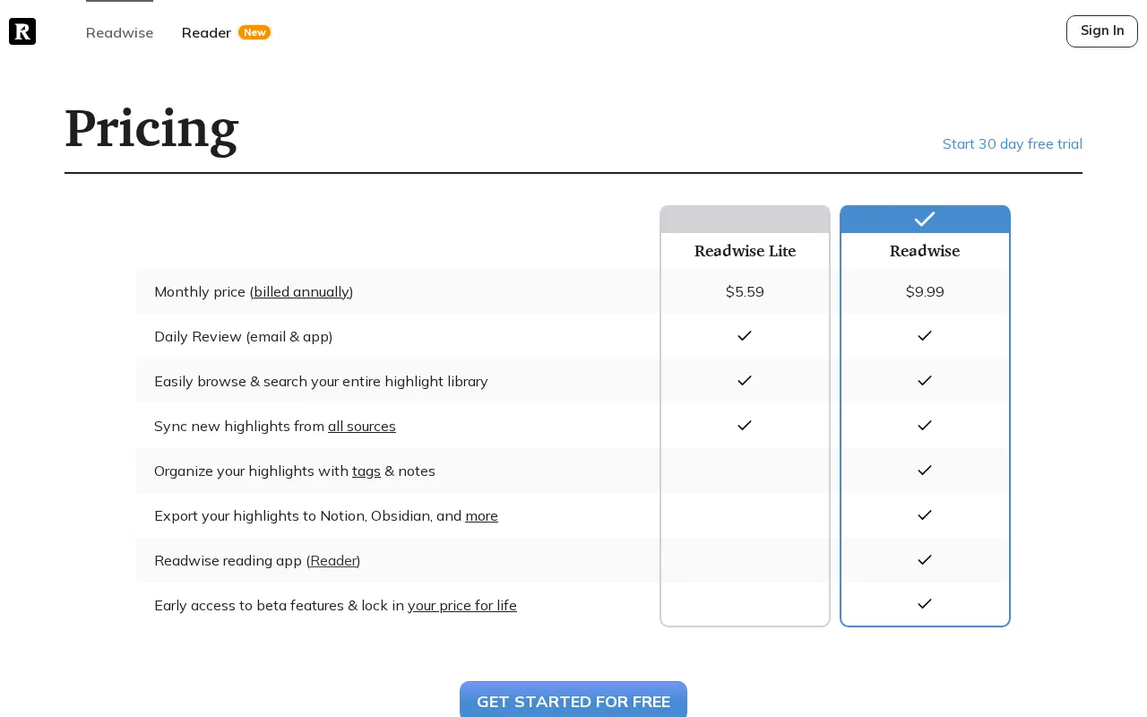 Readwise — pricing page