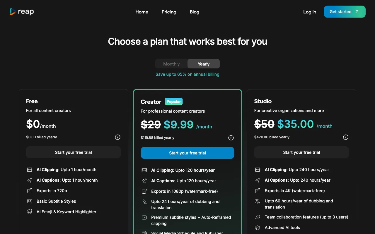 reap (beta) — pricing page