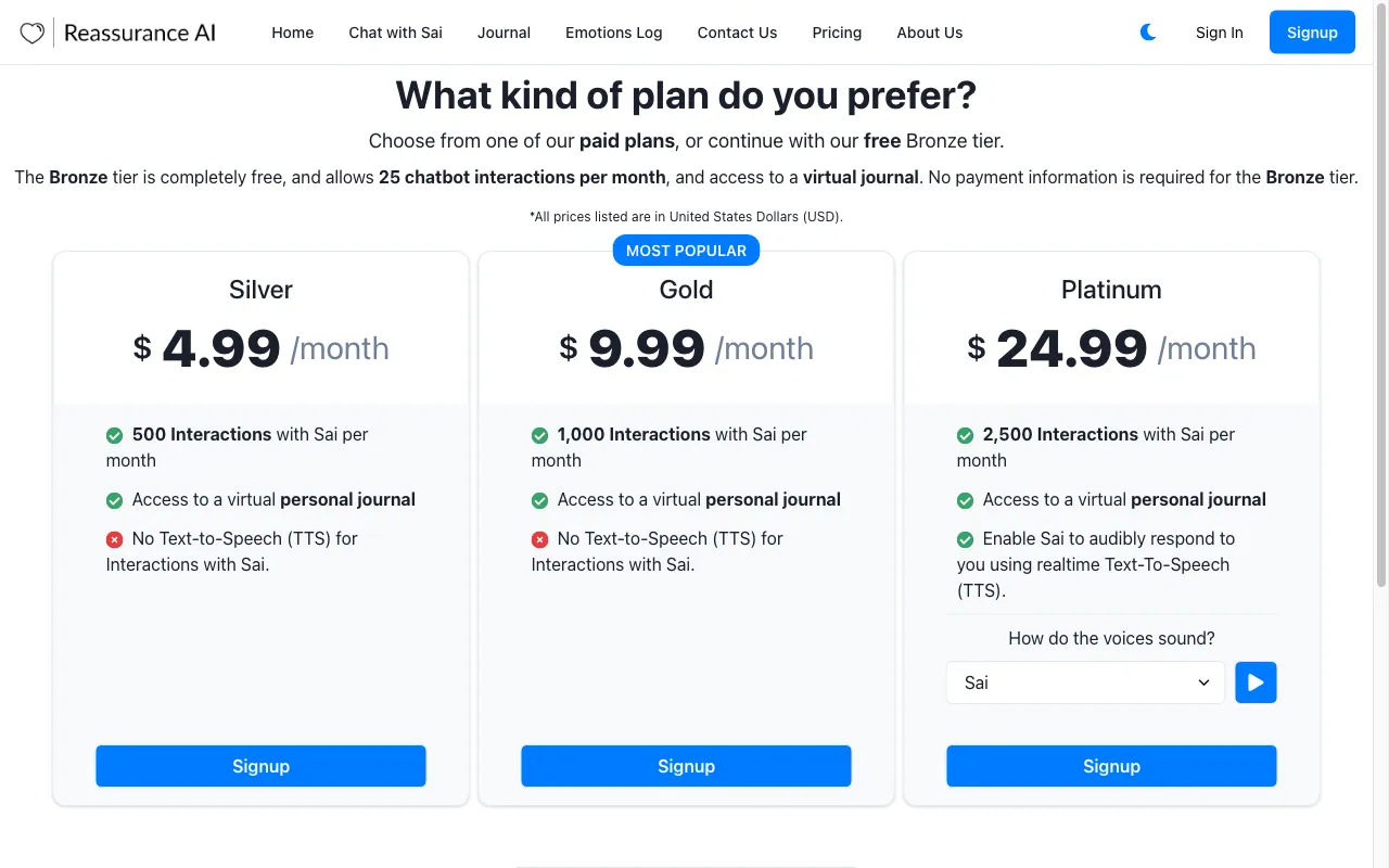 Reassurance AI (Beta) — pricing page