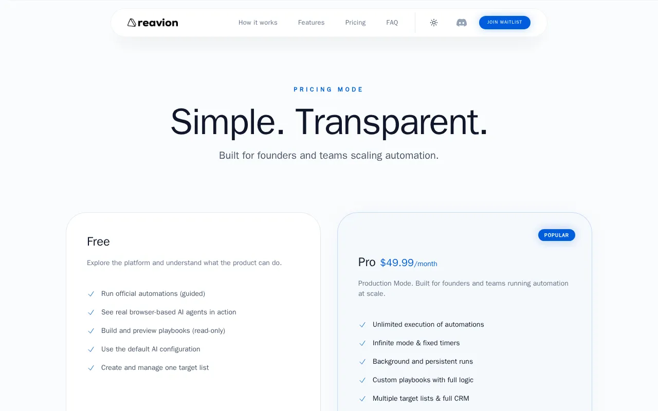 Reavion — pricing page