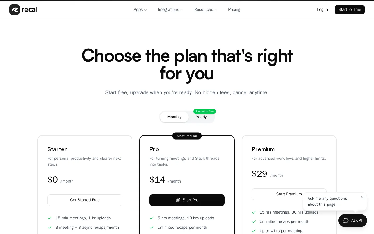 Recal — pricing page