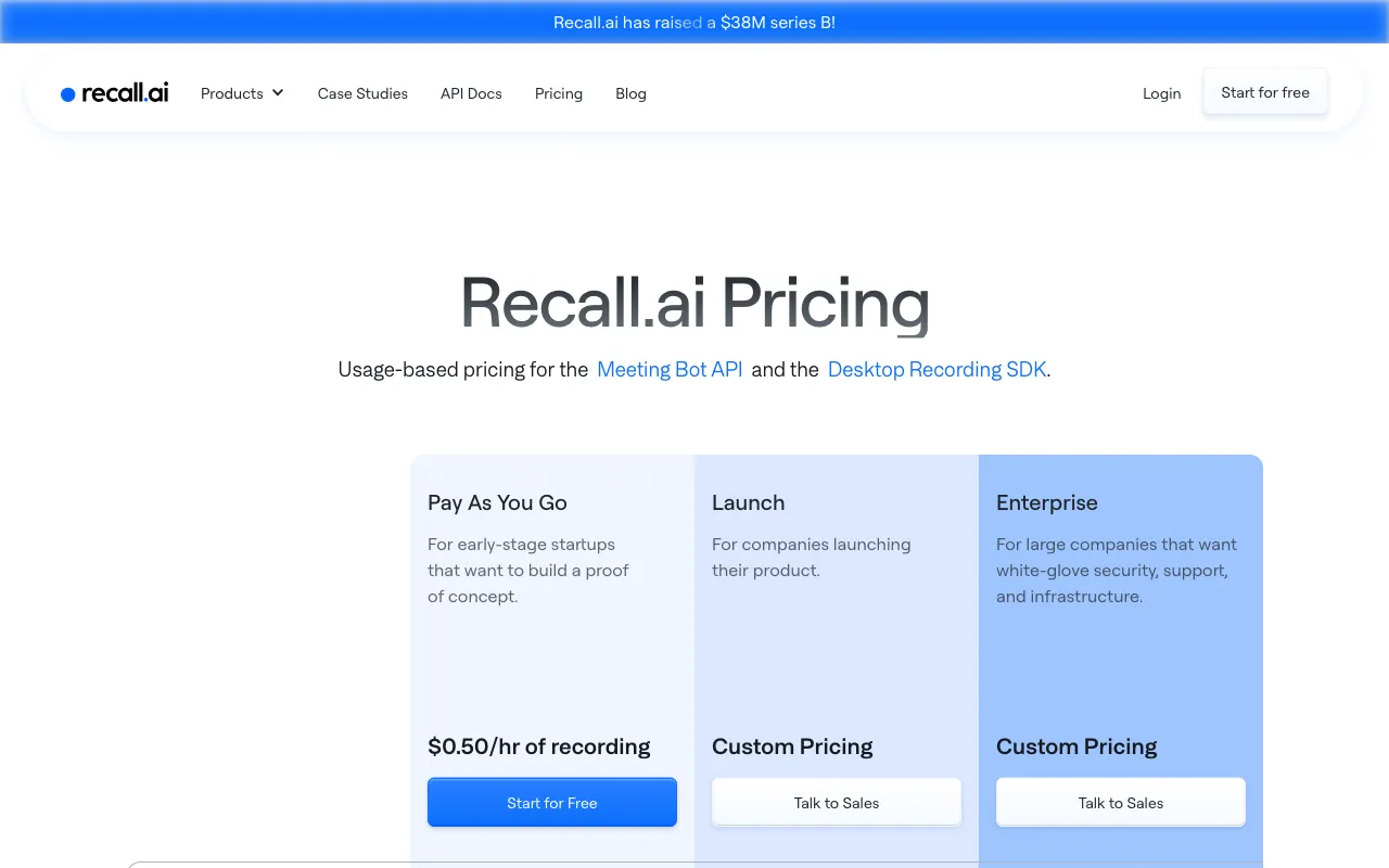 Recall.ai — pricing page