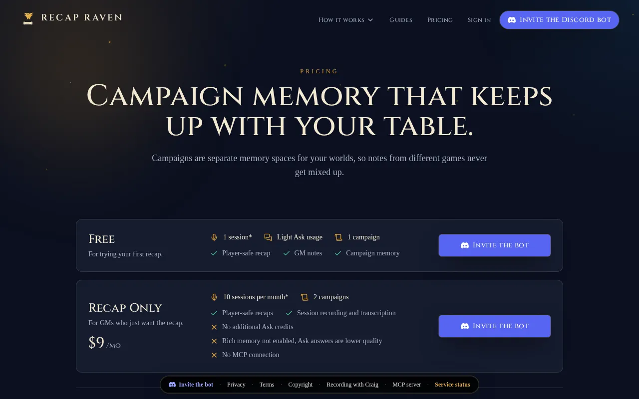 Recap Raven — pricing page