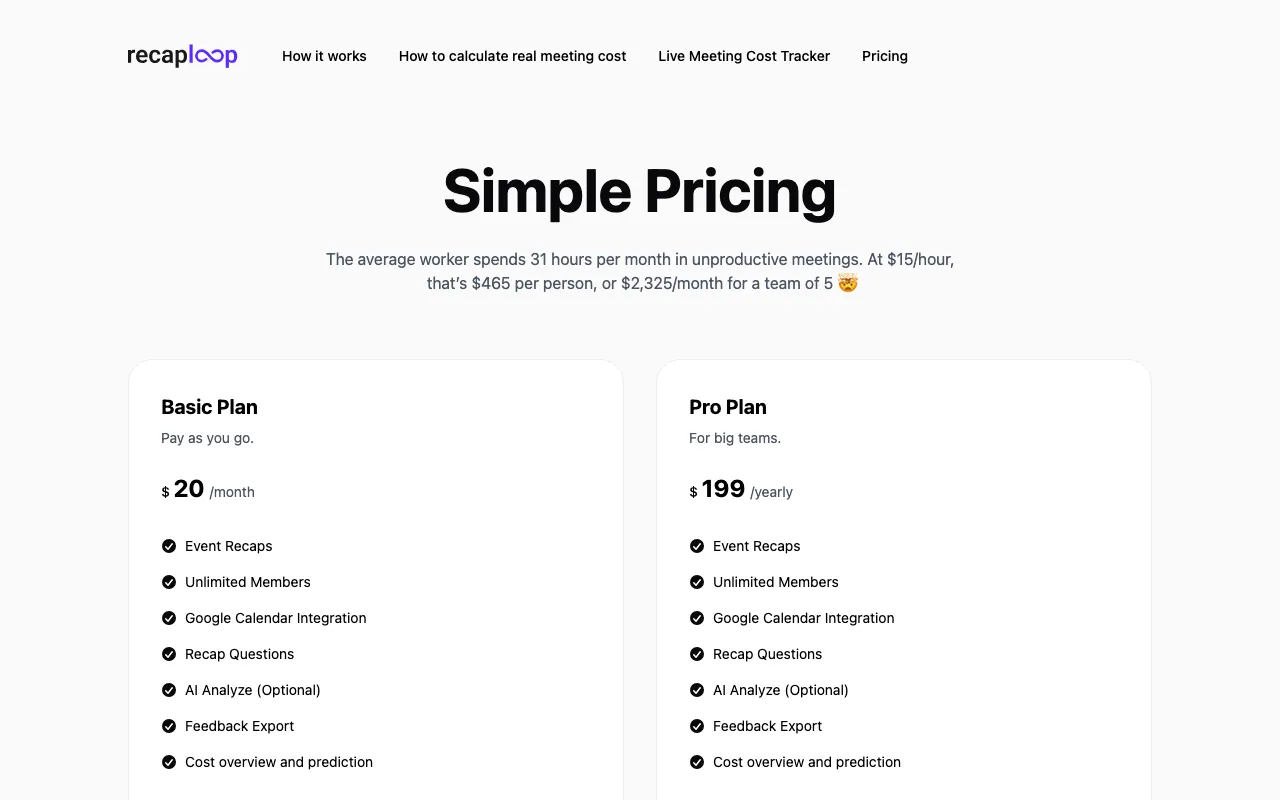 Recaploop — pricing page