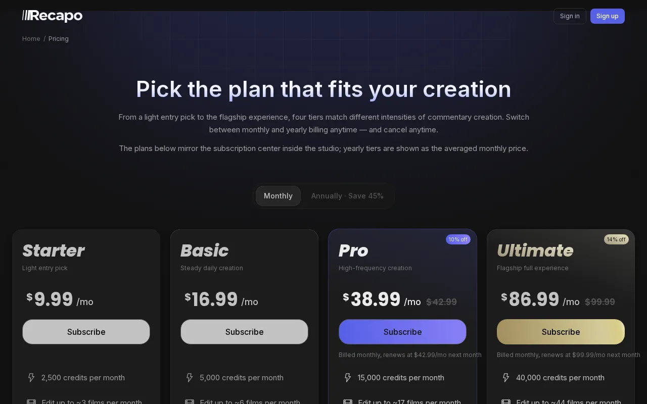 Recapo.ai — pricing page