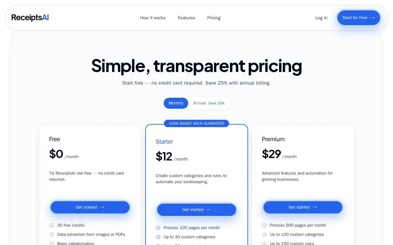 ReceiptsAI — pricing page