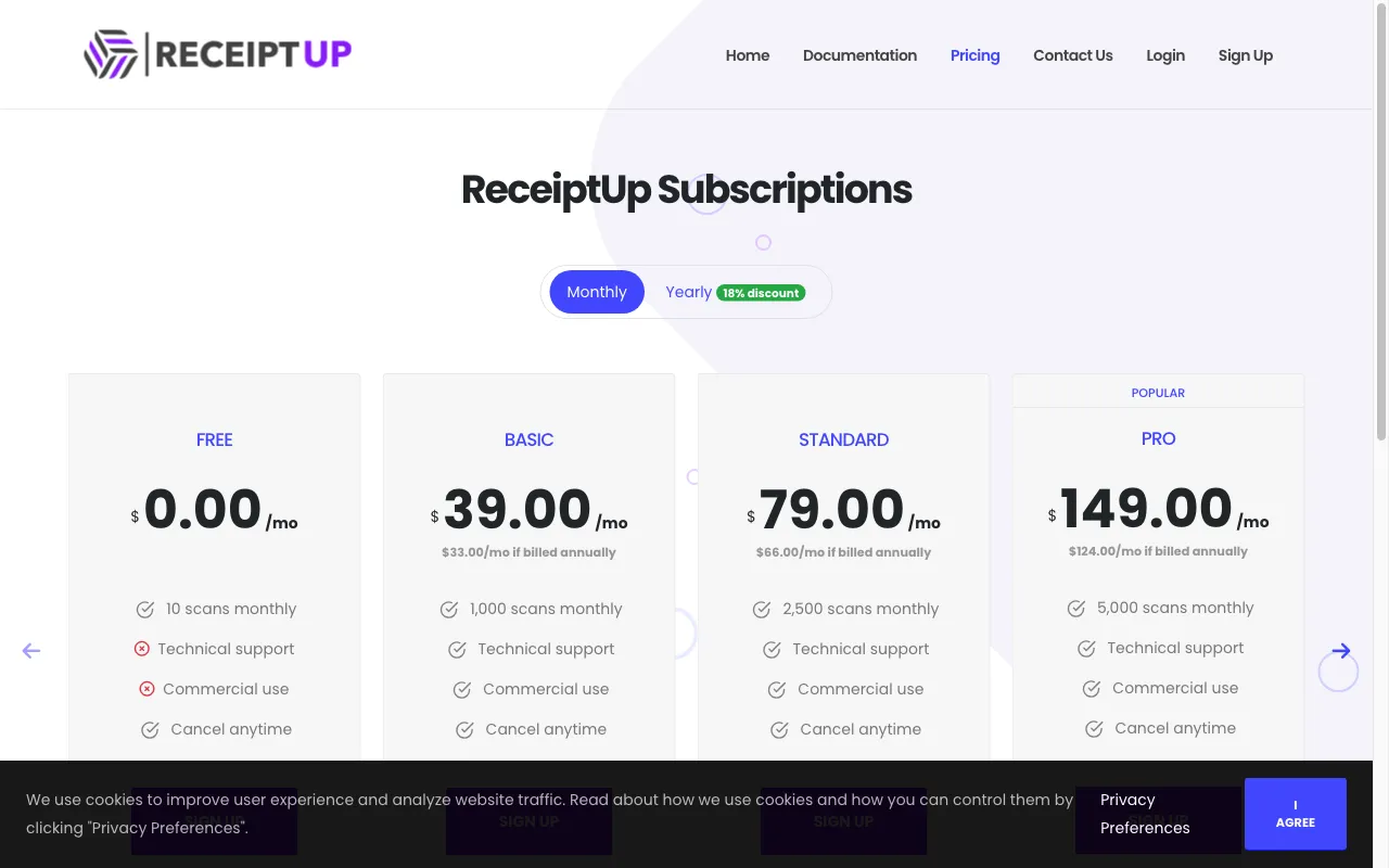 ReceiptUp — pricing page