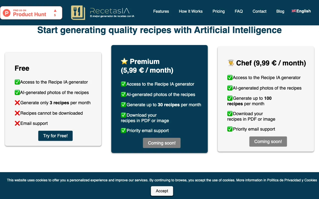 RecetasIA — pricing page