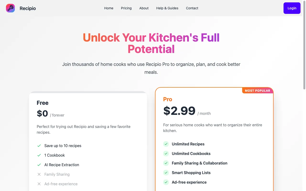 RecipioAI — pricing page
