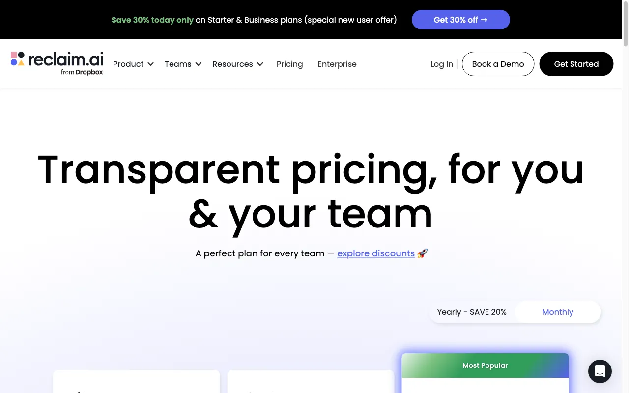 Reclaim AI — pricing page