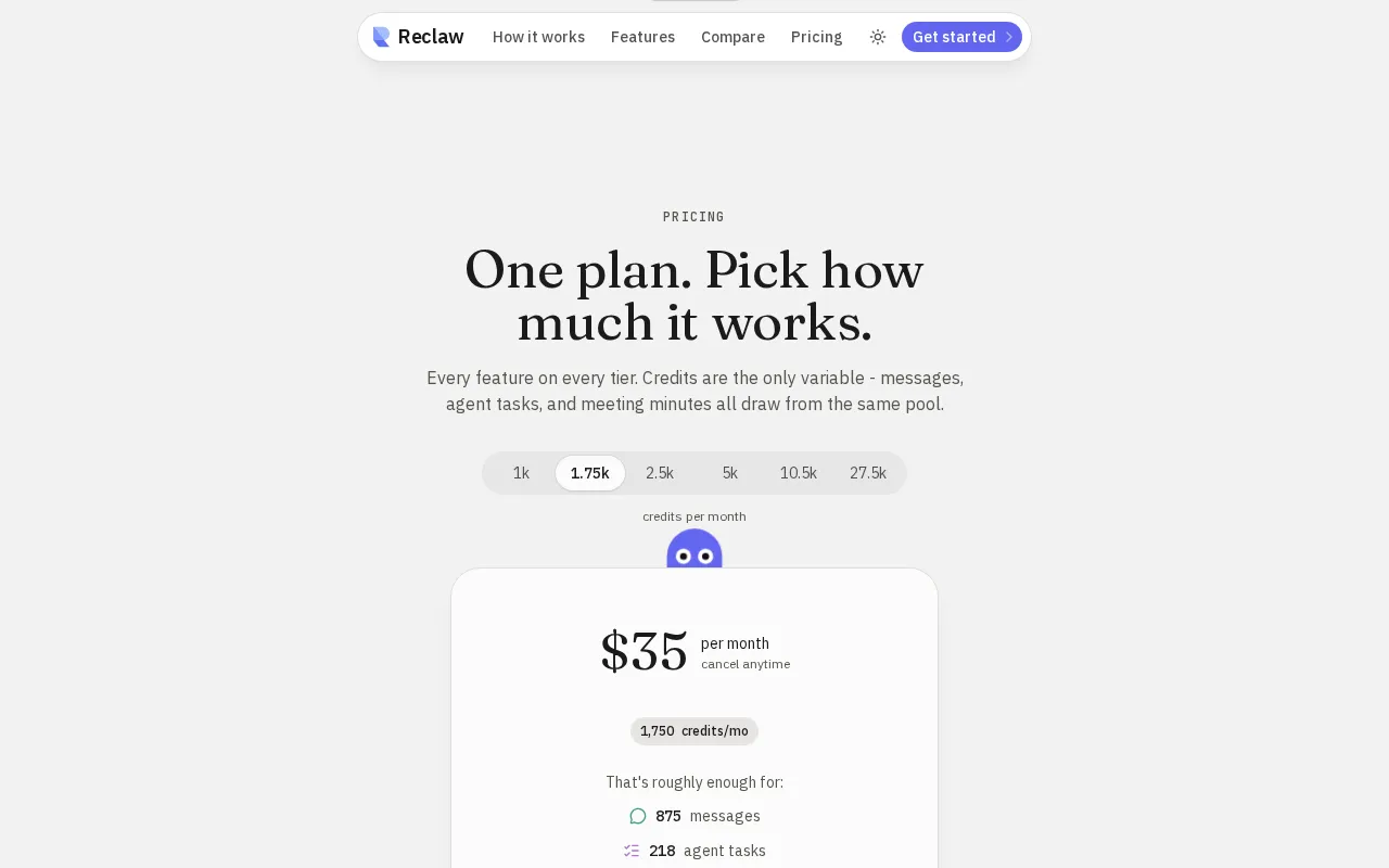 Reclaw — pricing page
