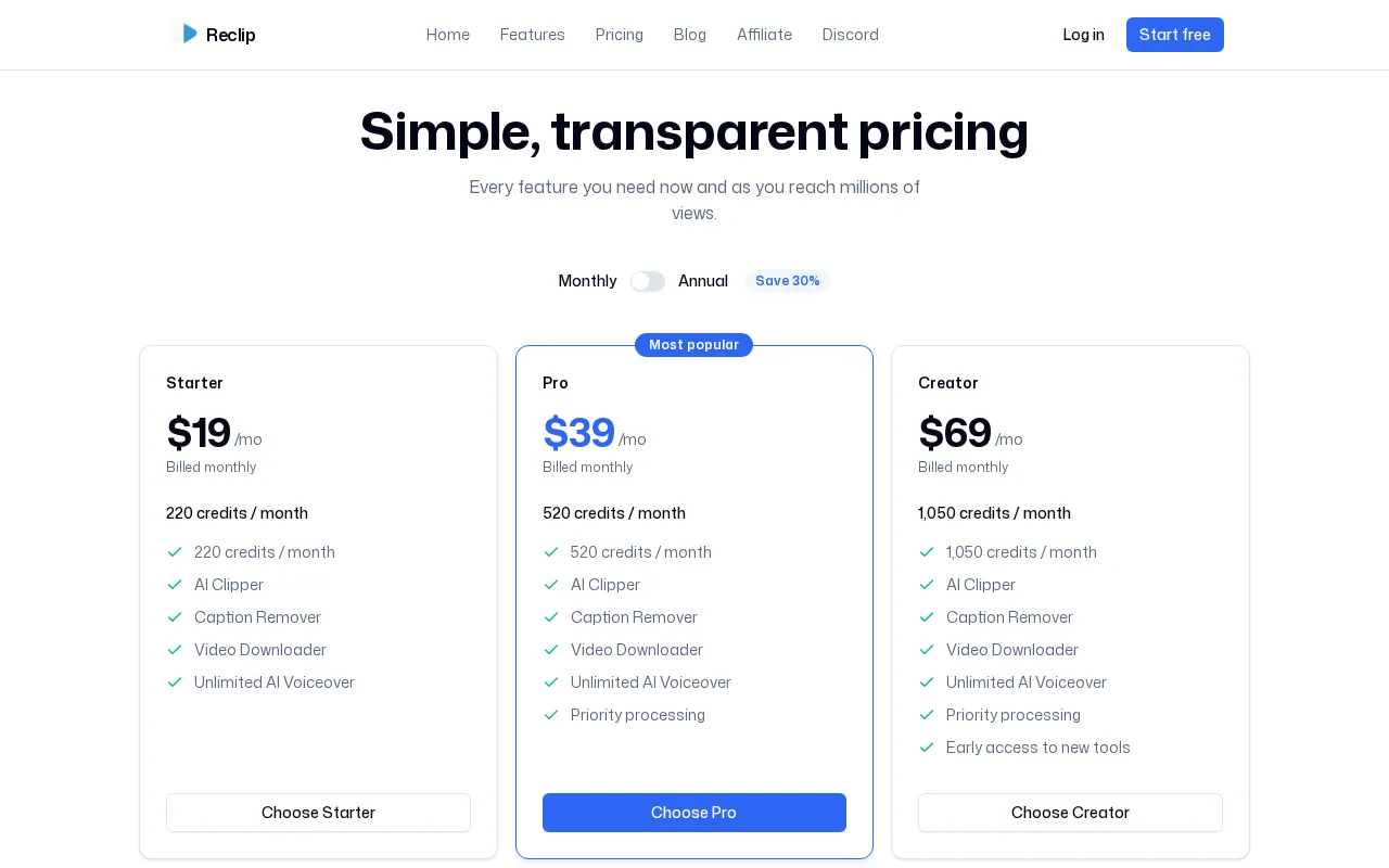 Reclip.io — pricing page