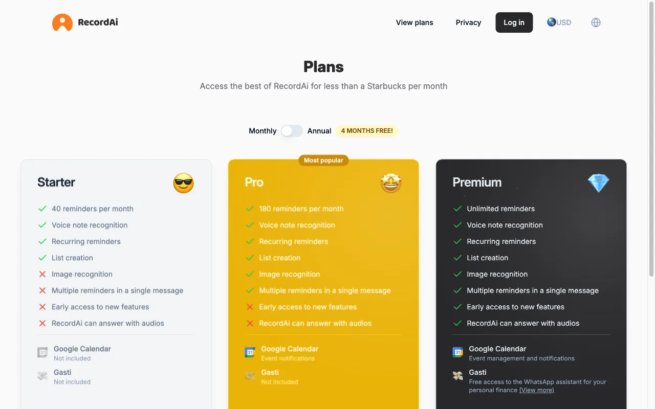 RecordAi — pricing page
