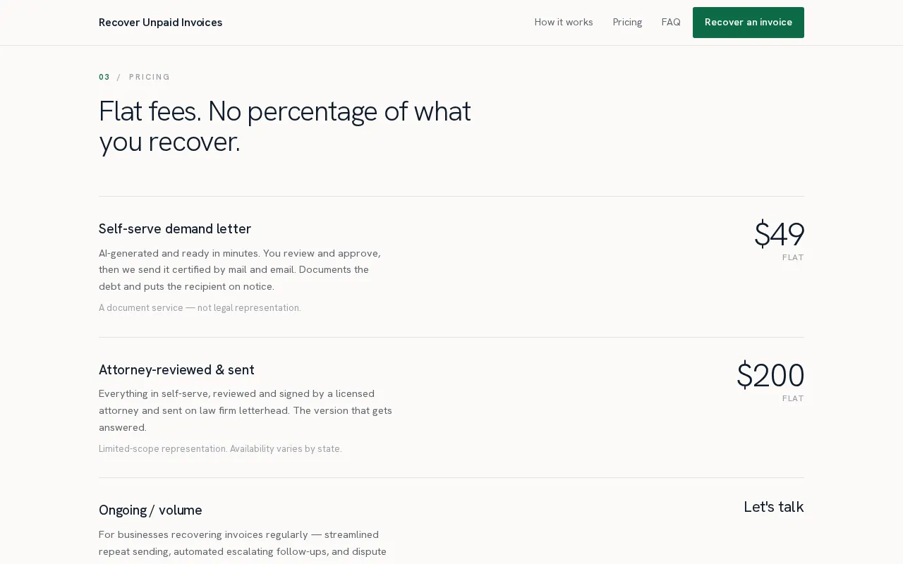 RecoverUnpaidInvoices.com — pricing page
