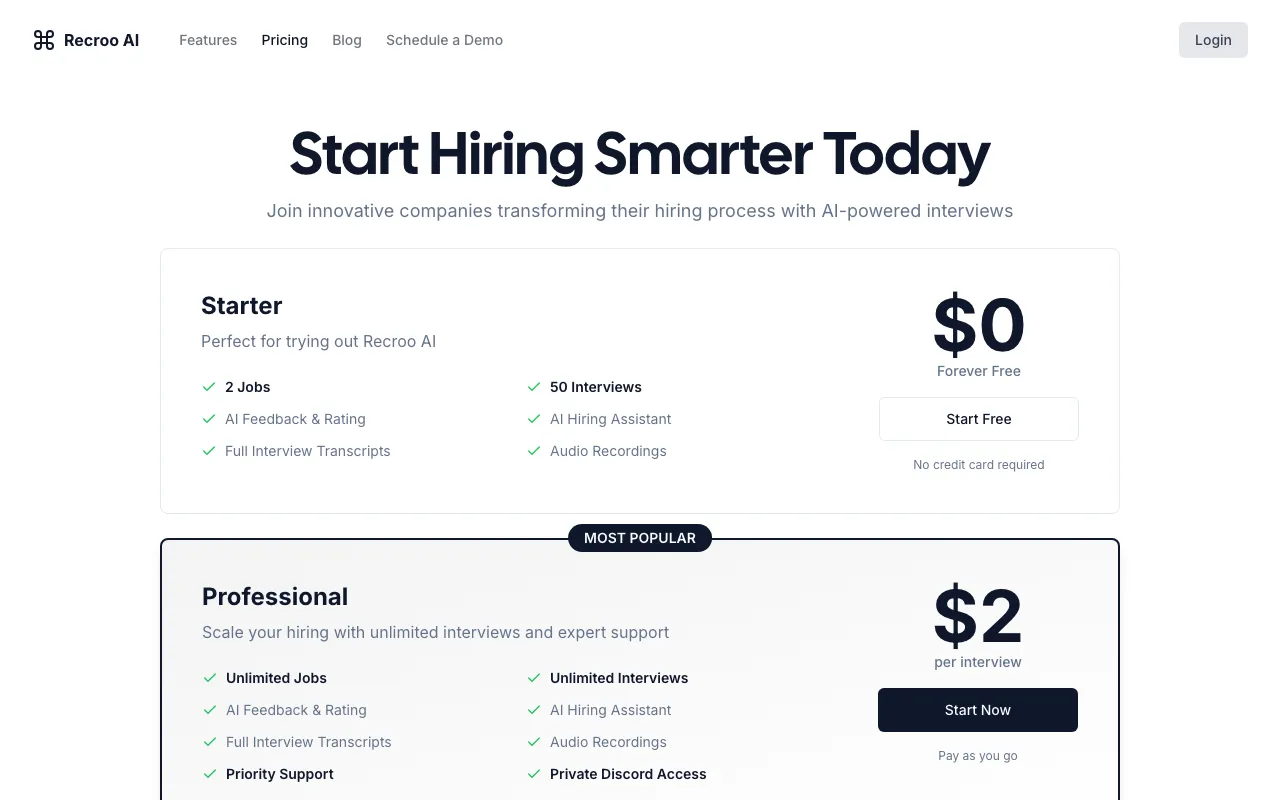 Recroo AI — pricing page