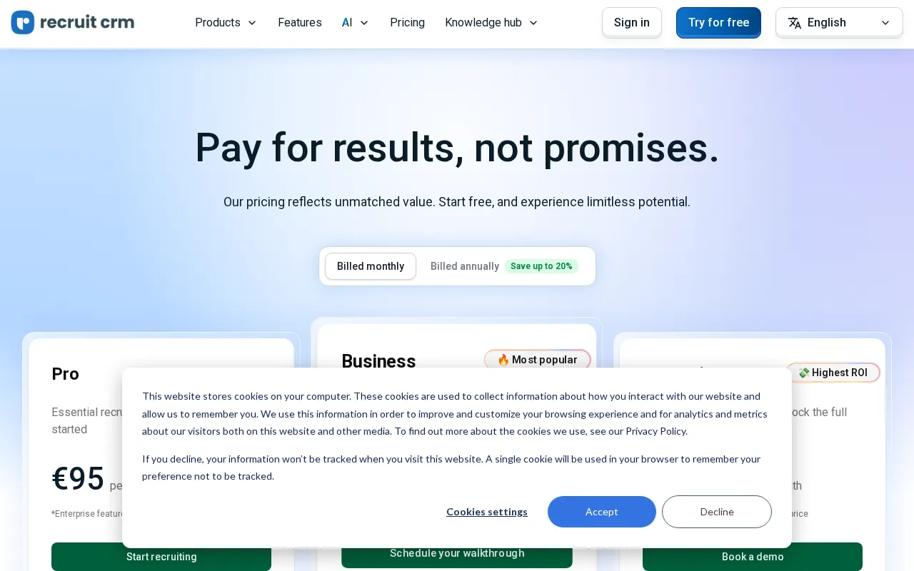 Recruit CRM — pricing page