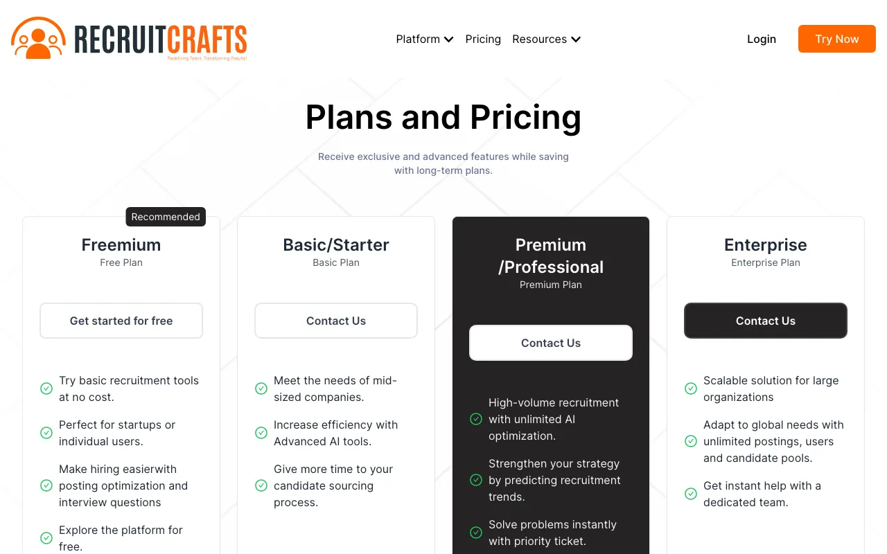 Recruitcrafts — pricing page