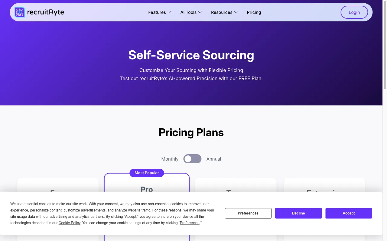 recruitRyte — pricing page