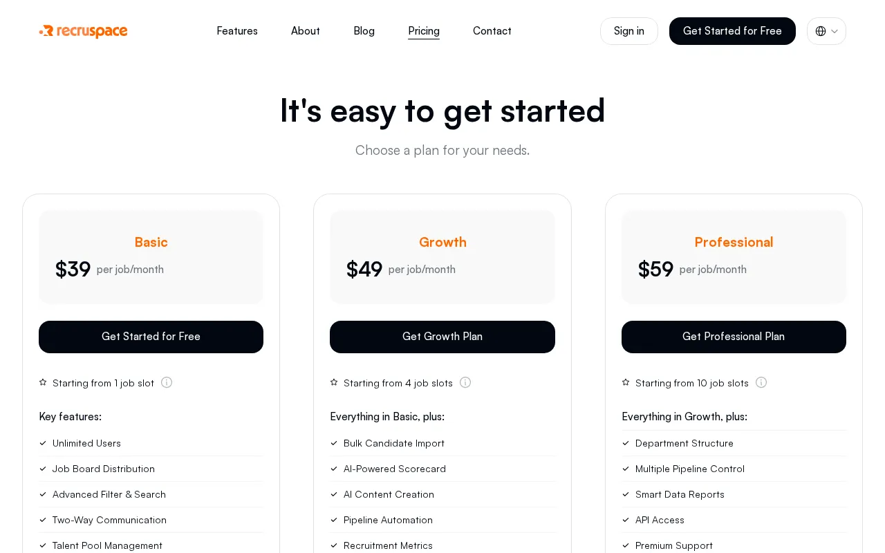 Recruspace — pricing page