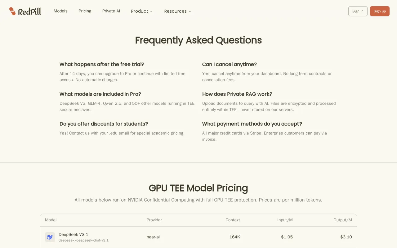 RedPill AI — pricing page