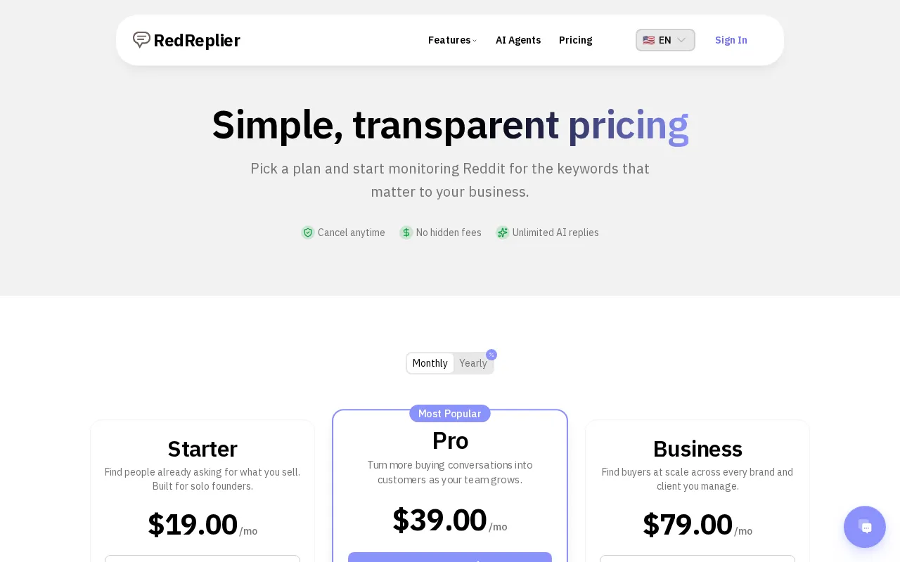 RedReplier — pricing page