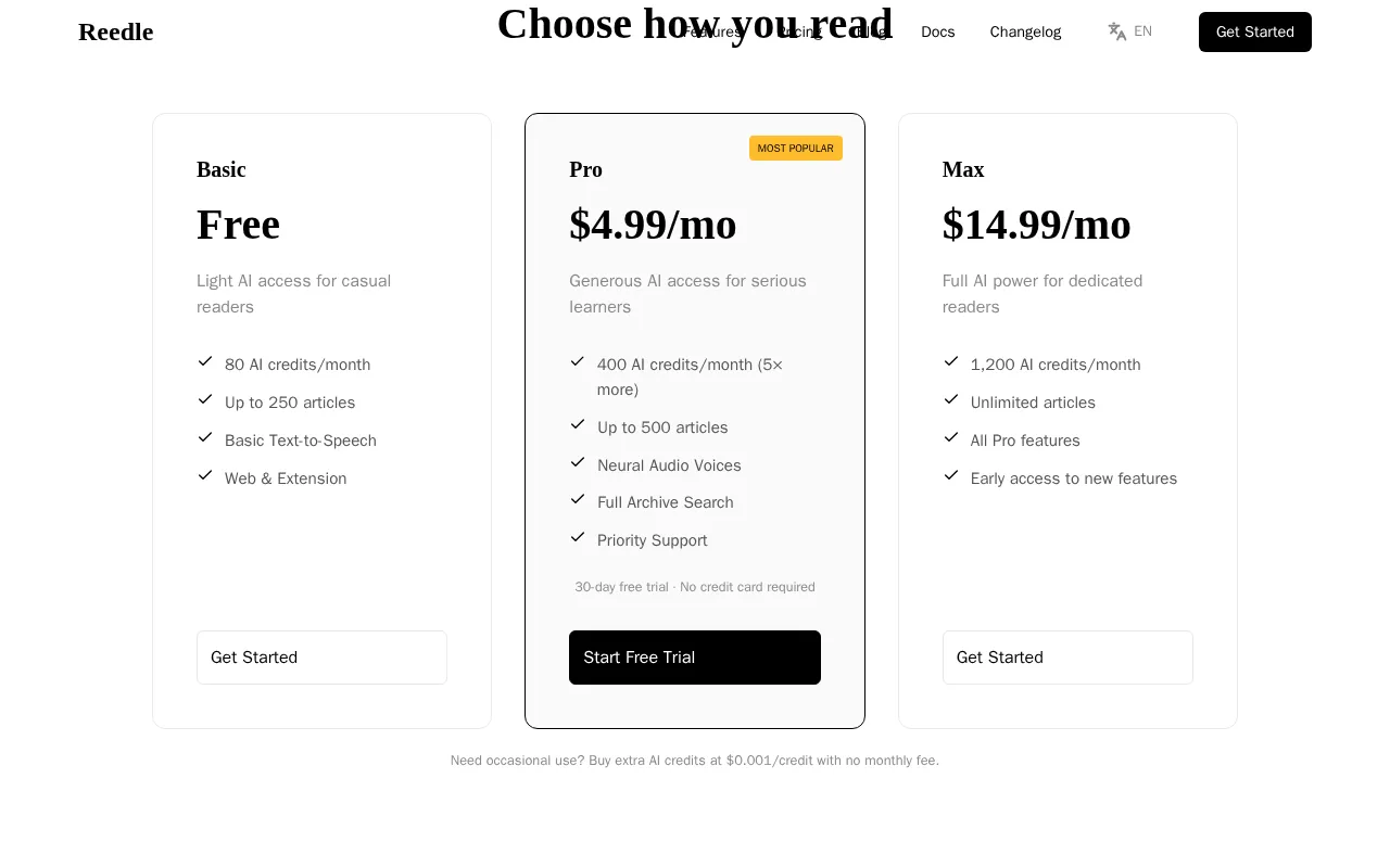 Reedle — pricing page