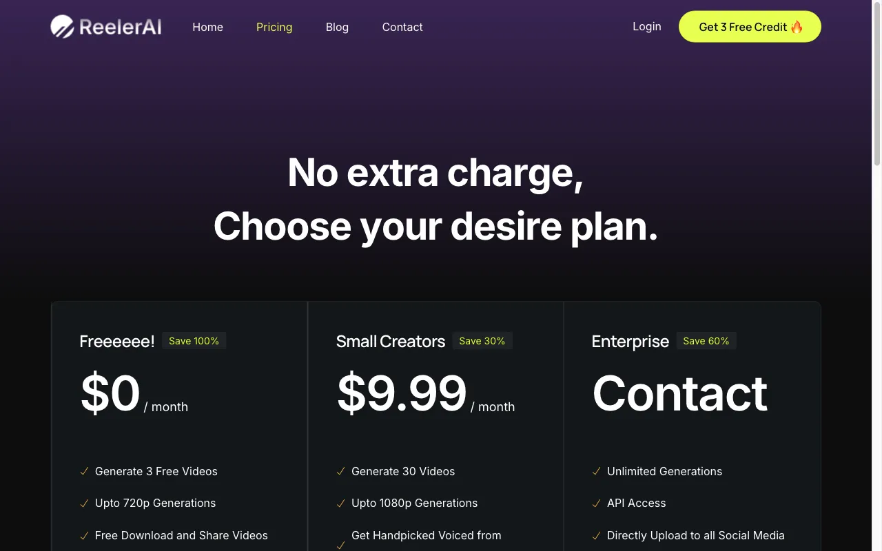 Reeler AI — pricing page