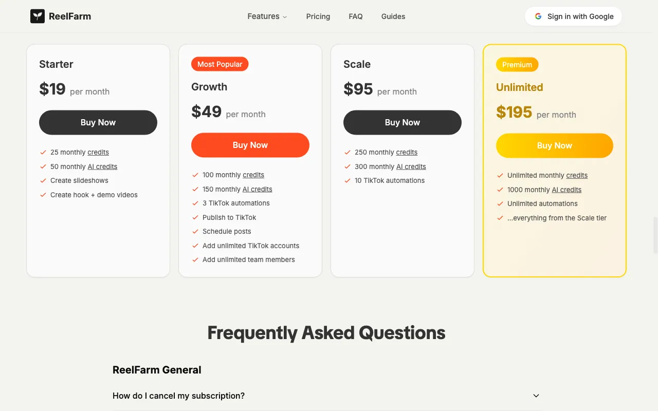 ReelFarm — pricing page